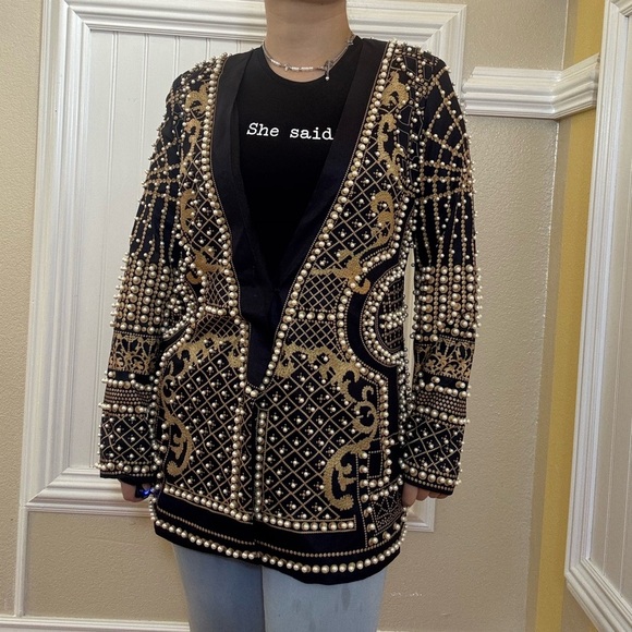 None Jackets & Blazers - Elegant Black Blazer with Gold and Pearl Details